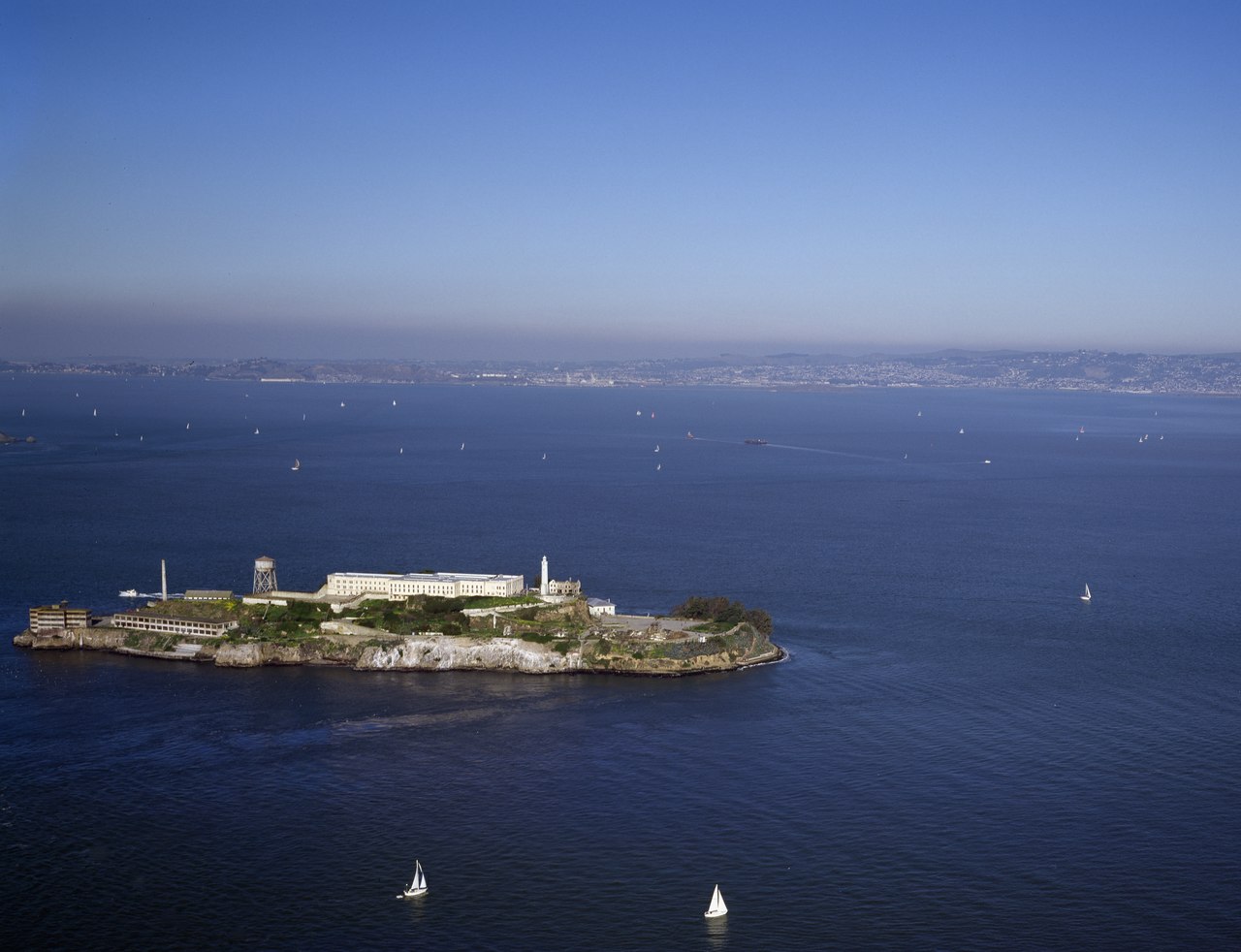 Title: Aerial view of Alcatraz Island, San Francisco, California
Physical description: 1 transparency : color ; 4 x 5 in. or smaller

Notes: Title, date, and keywords provided by the photographer.; Di