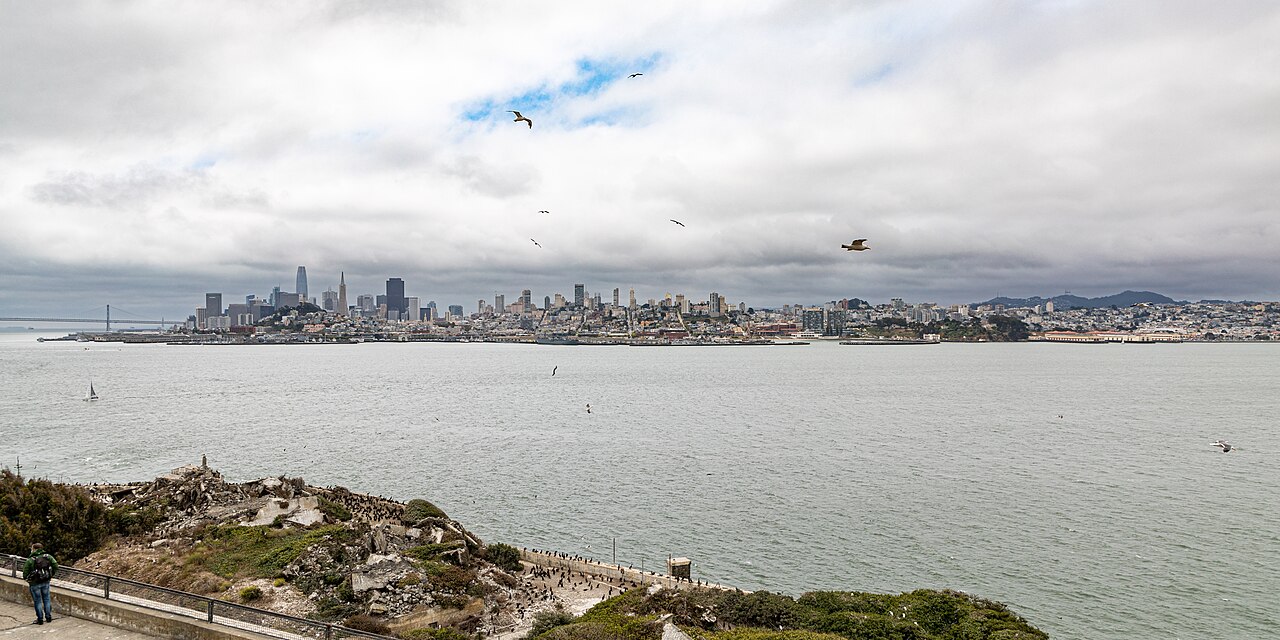 View to San Francisco, Alcatraz Island, San Francisco, California, USAAlcatraz, the rocky island in San Francisco Bay, transformed from a strategic military base to the most notorious maximum security