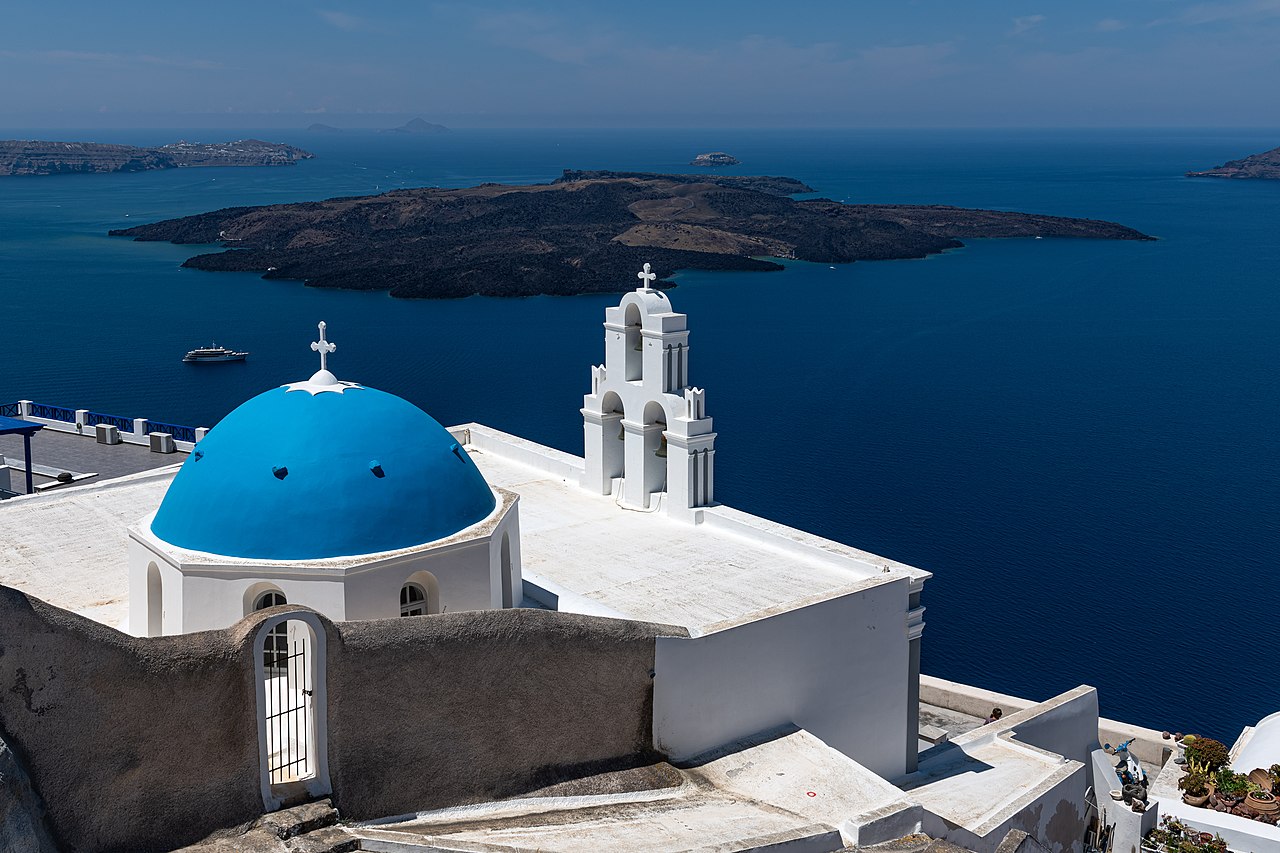 Blue dome in Fiera, Santornini, Greece