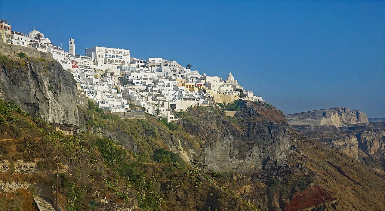 Panoramic view of Fira from the cable car, Santorini, Greece