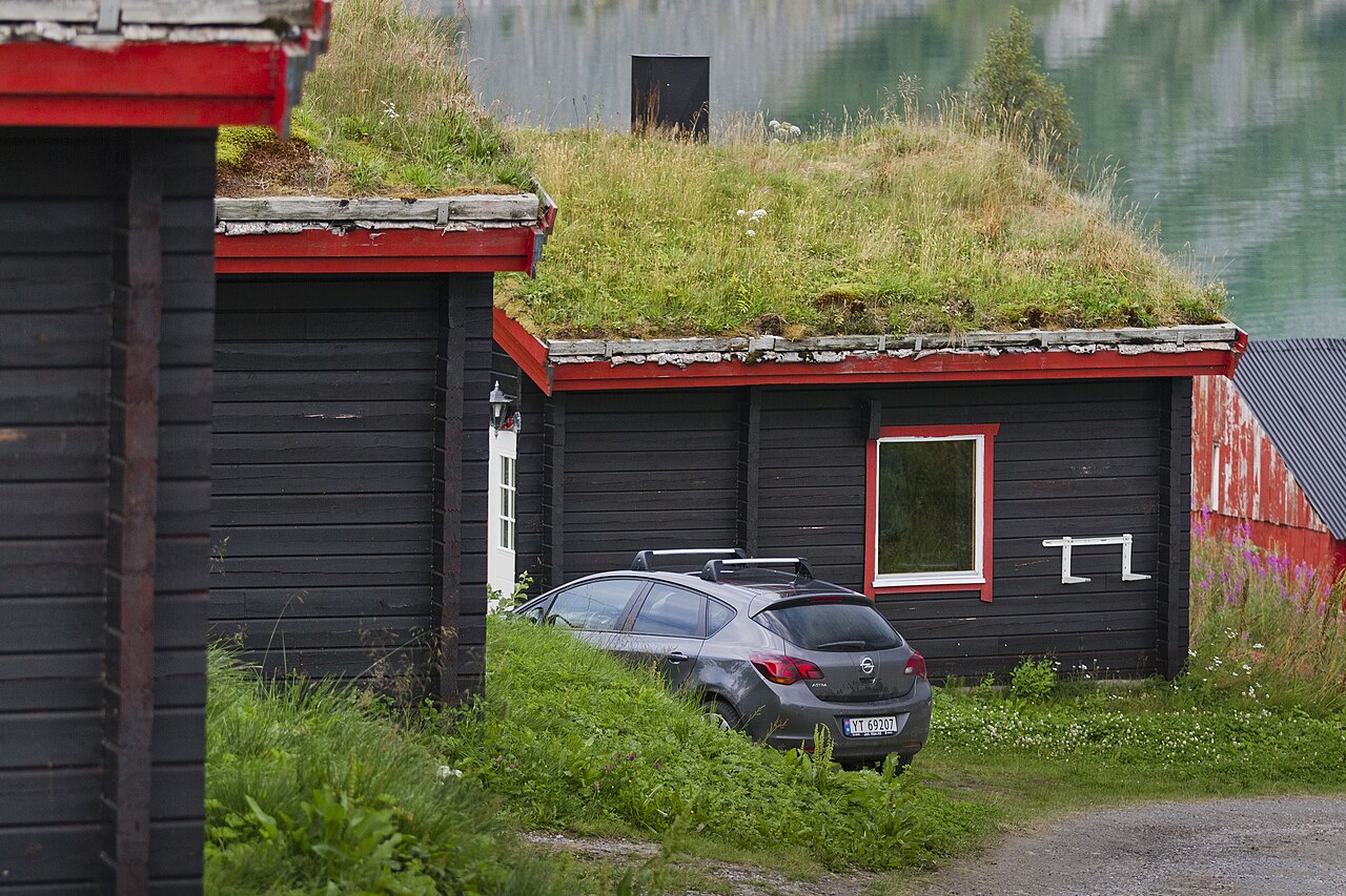 Cabins with green roofs in a camping area in Torsken, Senja, Troms, Norway in 2014 August