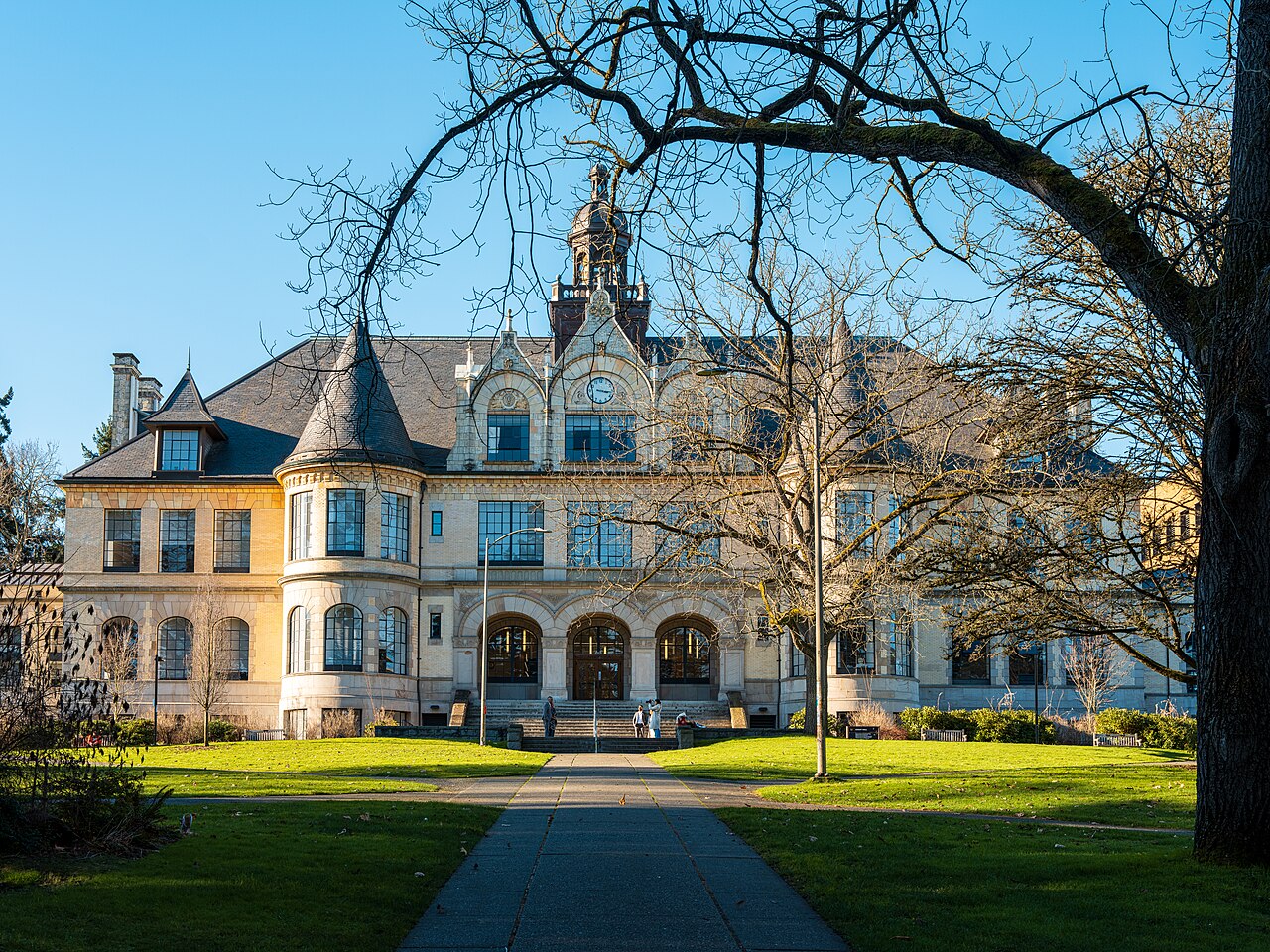 Denny Hall on the University of Washington campus in Seattle, Washington, viewed from the south lawn in winter light. Denny Hall is the oldest building on the University of Washington campus in Seattl