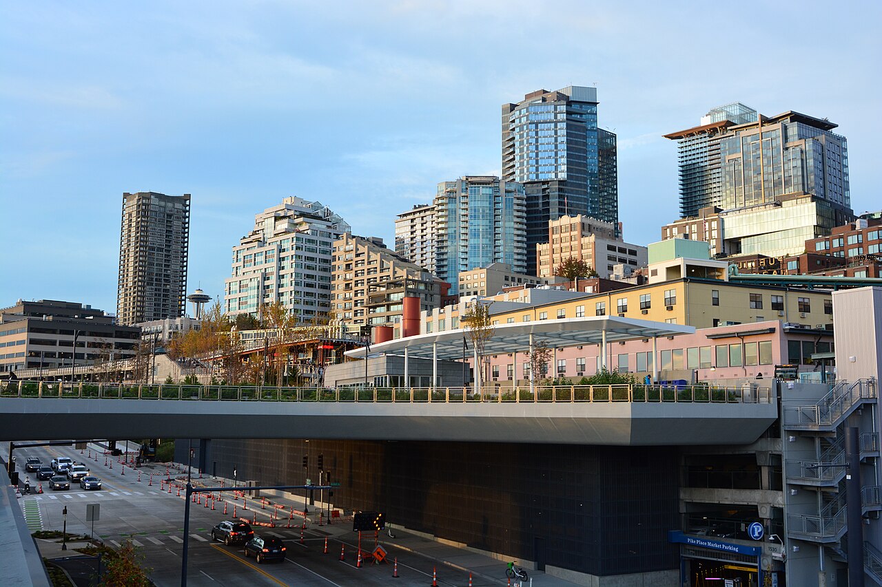 Elliott Way looking north from the Overlook Walk, which extends from Pike Place Market to the Waterfront, Seattle, Washington, U.S.