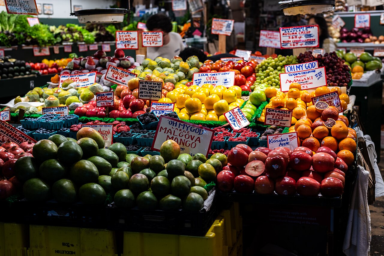 Fruits for sale in Pike Place Market, Seattle, Washington, 2025