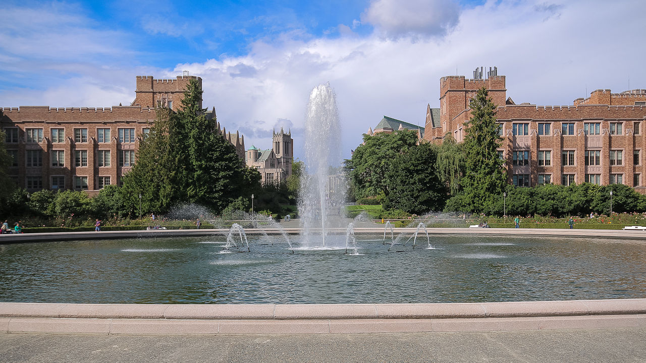 Johnson Hall, Gerberding Hall, Suzzallo Library, Mary Gates Hall and the Drumheller Fountain on the campus of the University of Washington