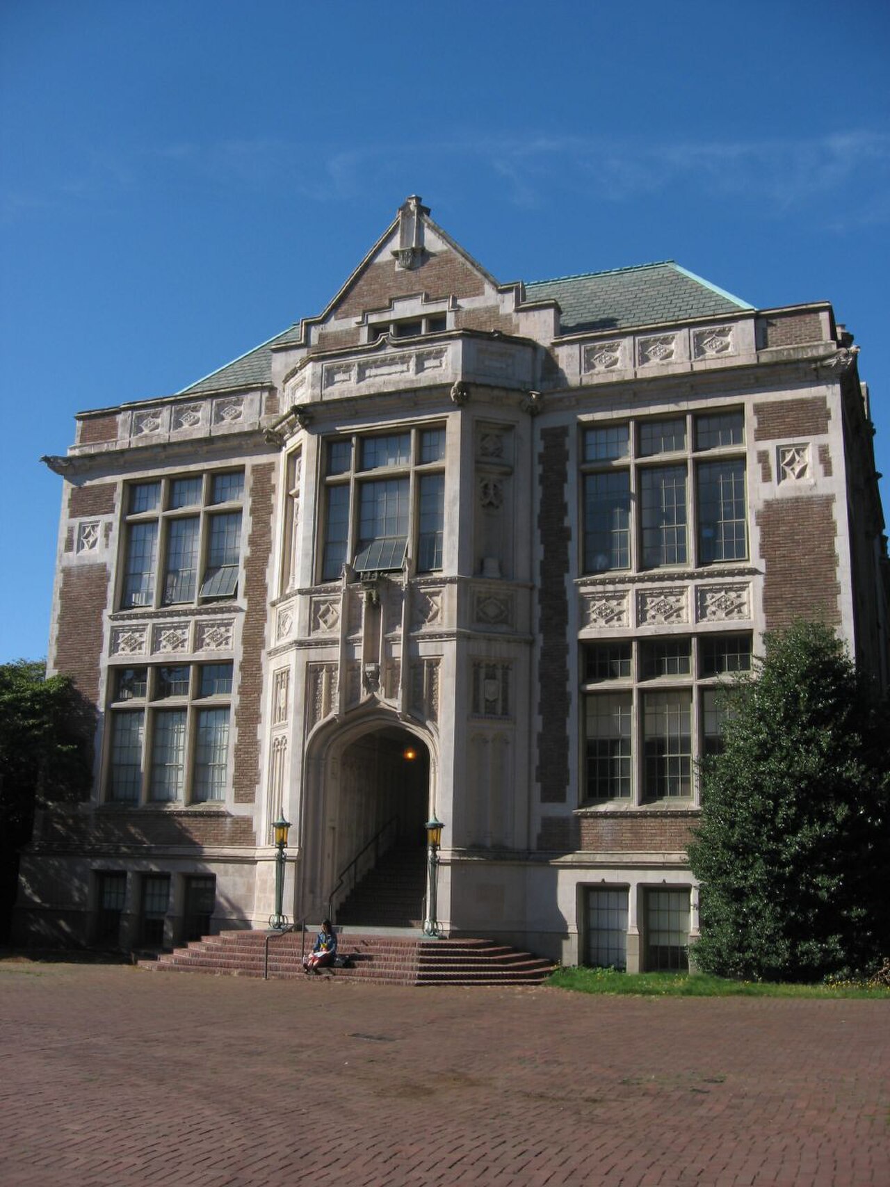 Unidentified building, one of four similar but not identical buildings on the Quad, University of Washington, Seattle, Washington. Each of the four has an entrance facing the path that goes roughly th