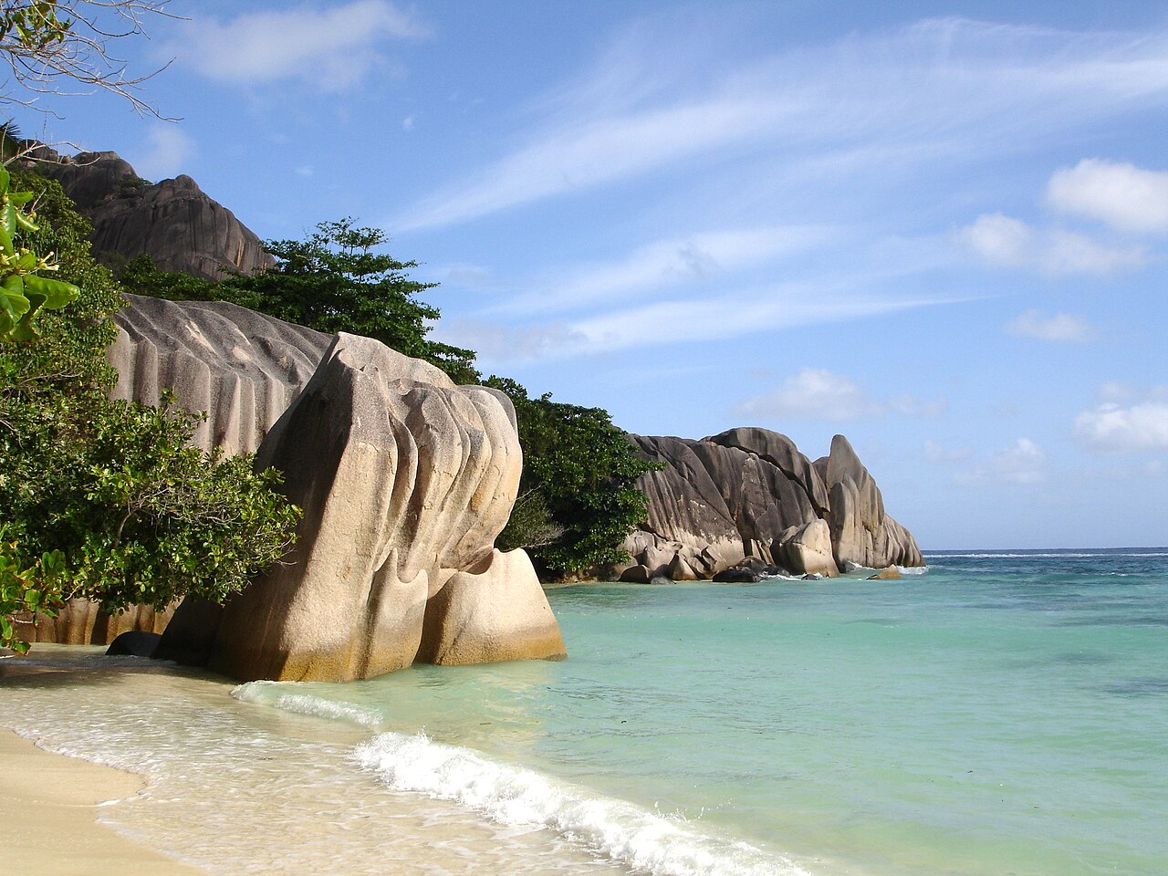 Beach " Anse Source d`Argent" with typical granit boulders on La Digue Island / Seychelles