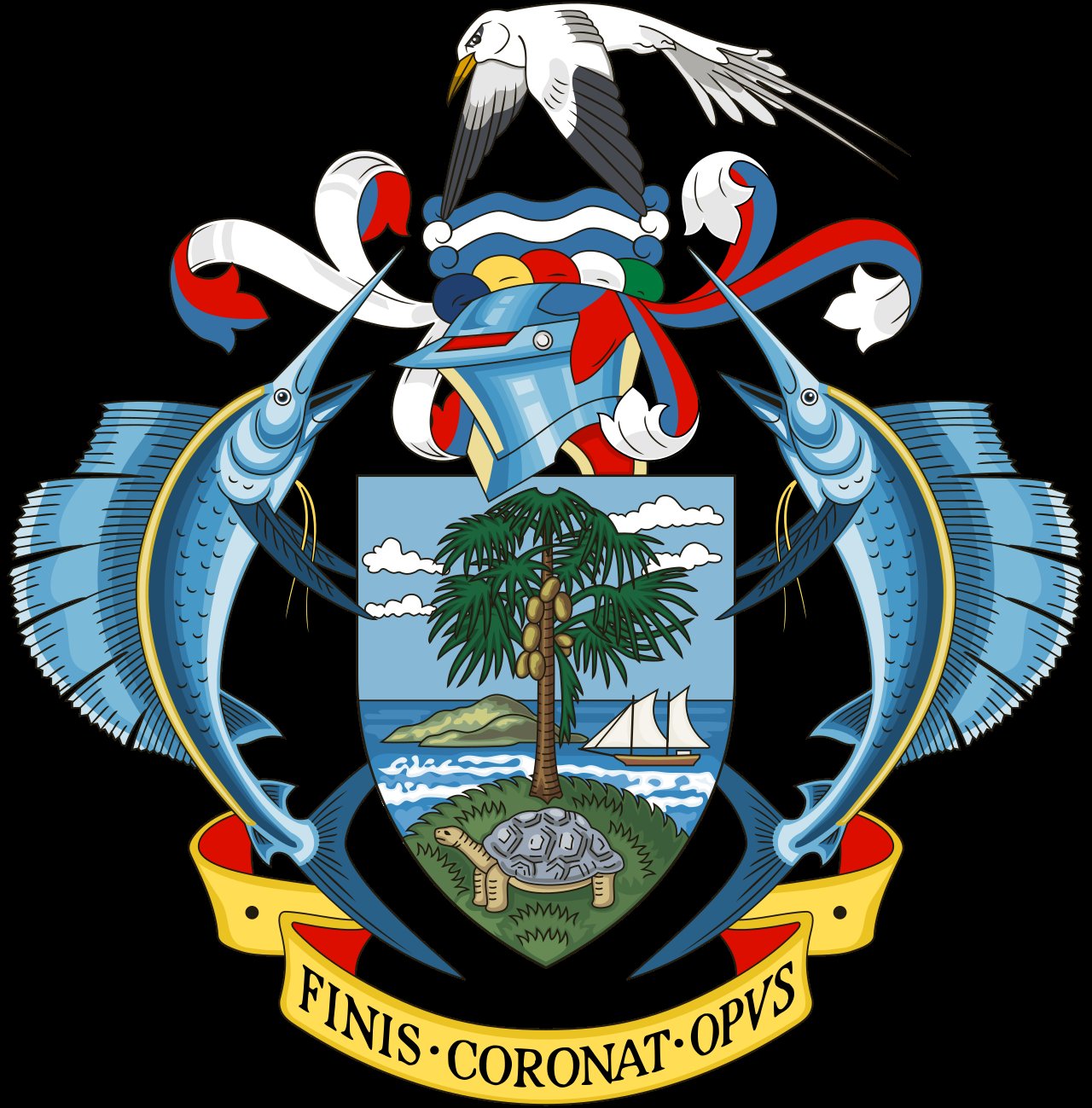 Coat of arms of Seychelles adopted on 18 June 1996.Heraldic description of the Armorial Bearings of the Republic of the Seychelles:
ARMS: Azure, a Female Coco de Mer Palm (Lodoicea maldivica) issuant 