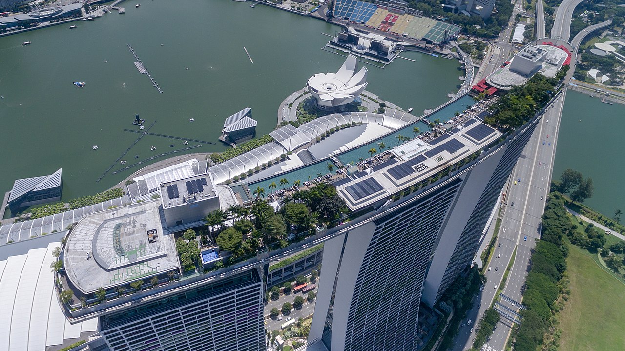 Aerial of the roof top pool Marina Bay Sands Hotel