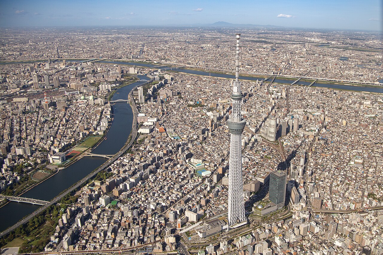 Aerial photo of Tokyo Skytree including Asakusa the Sumida river and Arakawa river. October 2023