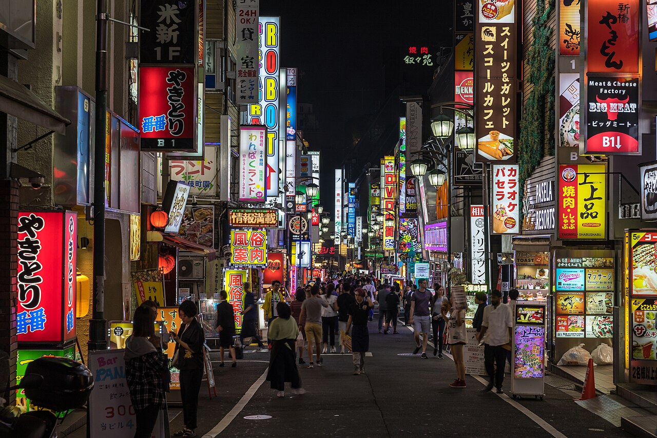 Colorful neon street signs in Kabukichō, Shinjuku, Tokyo, Japan.