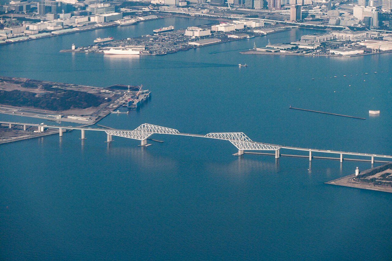 The Tokyo Gate Bridge seen from above the Wakasu district of Koto Ward, Tokyo. Bridged like a gate on the edge of the bay, it serves as the southern entrance to the route to the Tokyo Ferry Terminal, 
