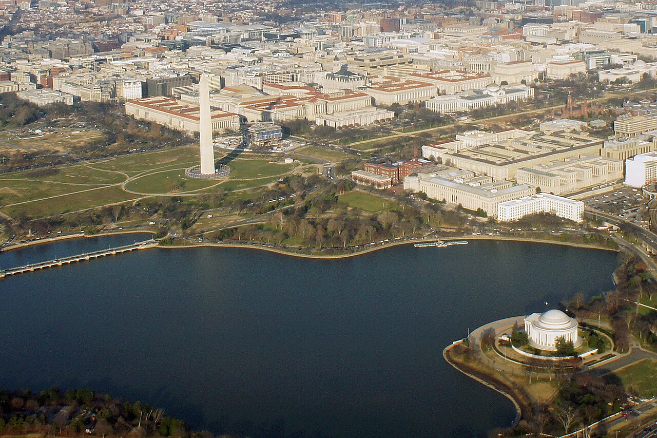 Aerial view of the Washington Monument. Across the Tidal Basin is the Jefferson Memorial.