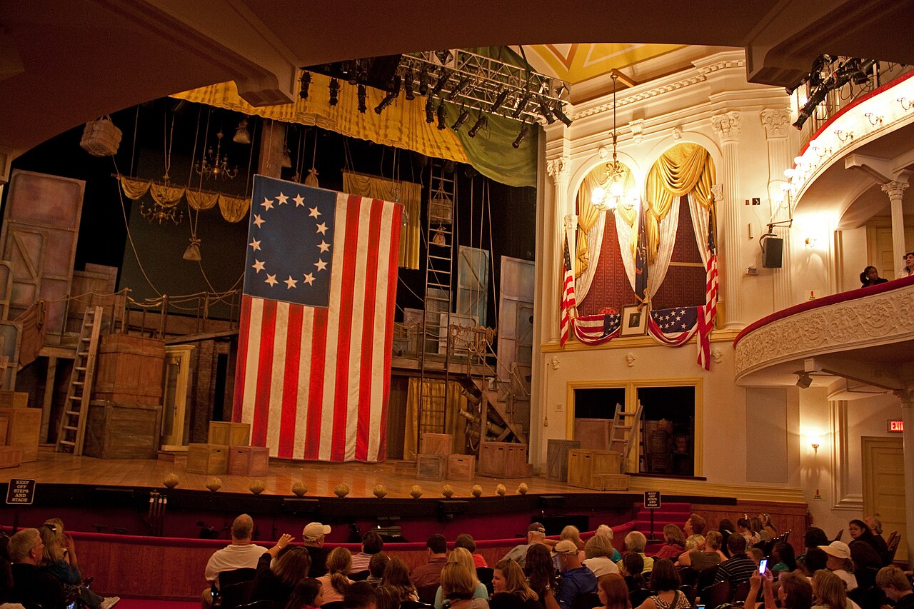 Interior of Ford's Theatre, Washington, D.C., where Abraham Lincoln was assassinated.  The presidential box is towards the right.  The theatre is still in operation and the stage is set up for a curre