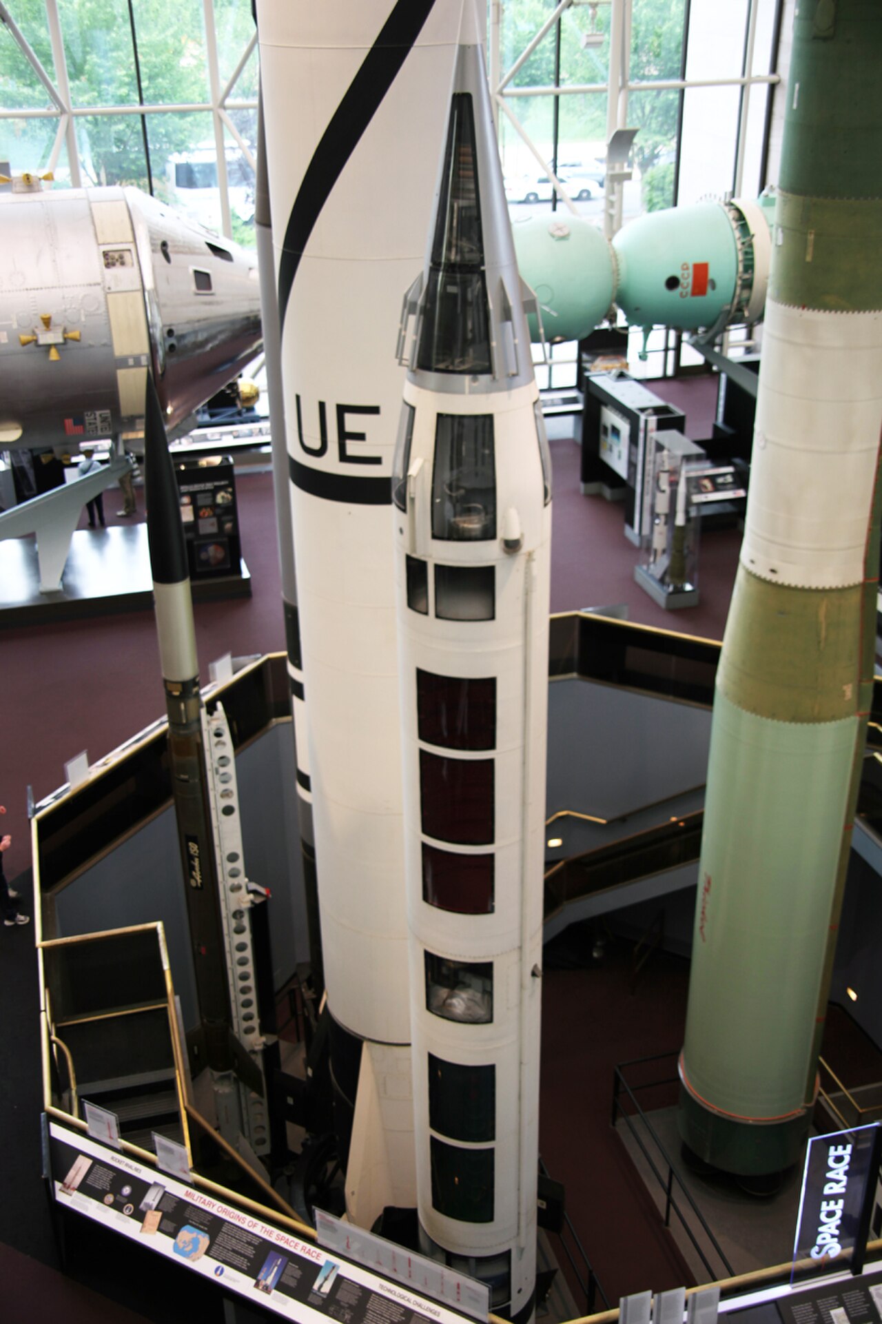 Looking east across the Space Hall at the Smithsonian Air and Space Museum in Washington, D.C.
This is "Rocket Row" -- a grouping of famous missiles and rockets.  When the Air &amp; Space Museum was i