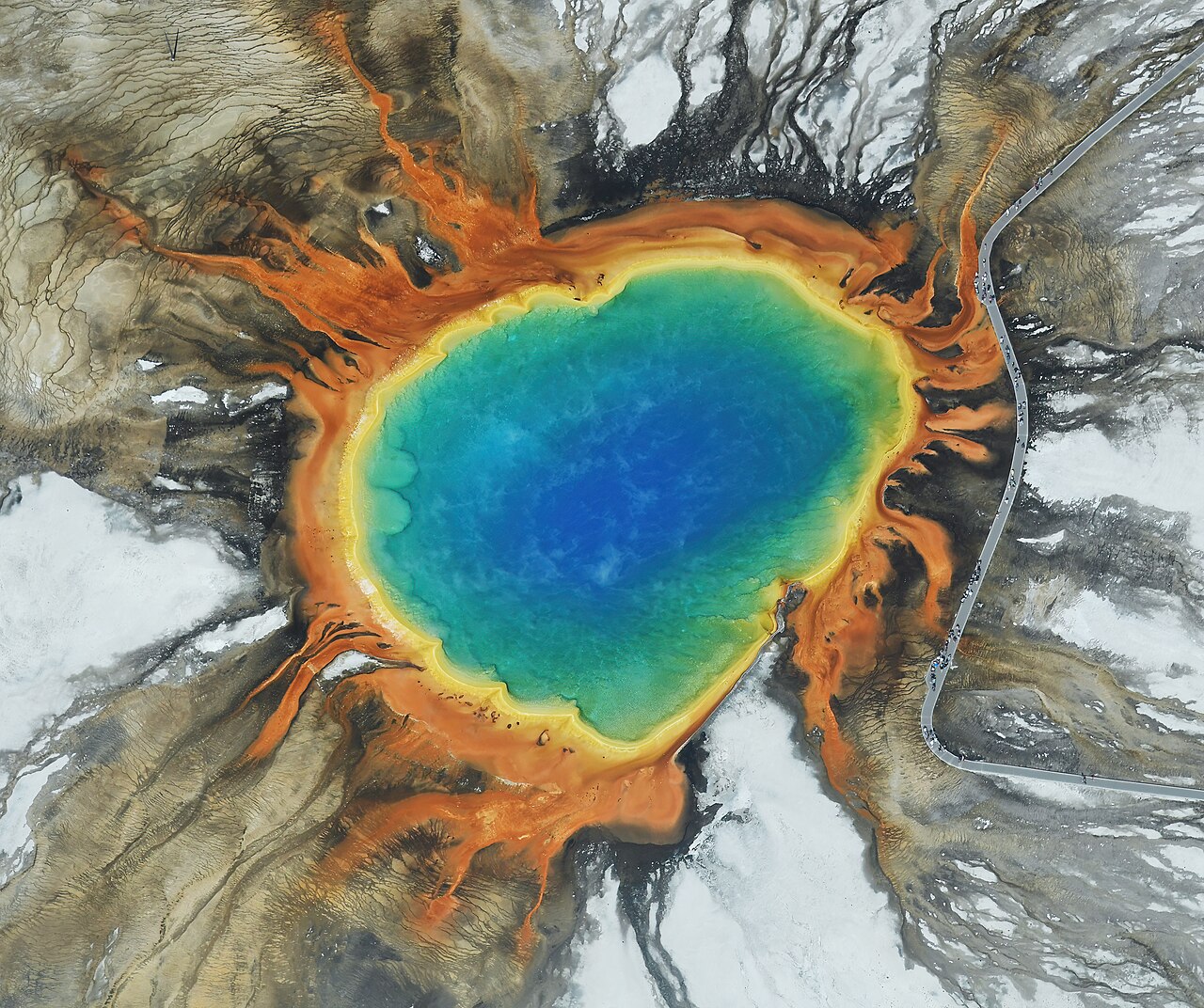 Aerial image of Grand Prismatic Spring in Yellowstone National Park (view from the west)