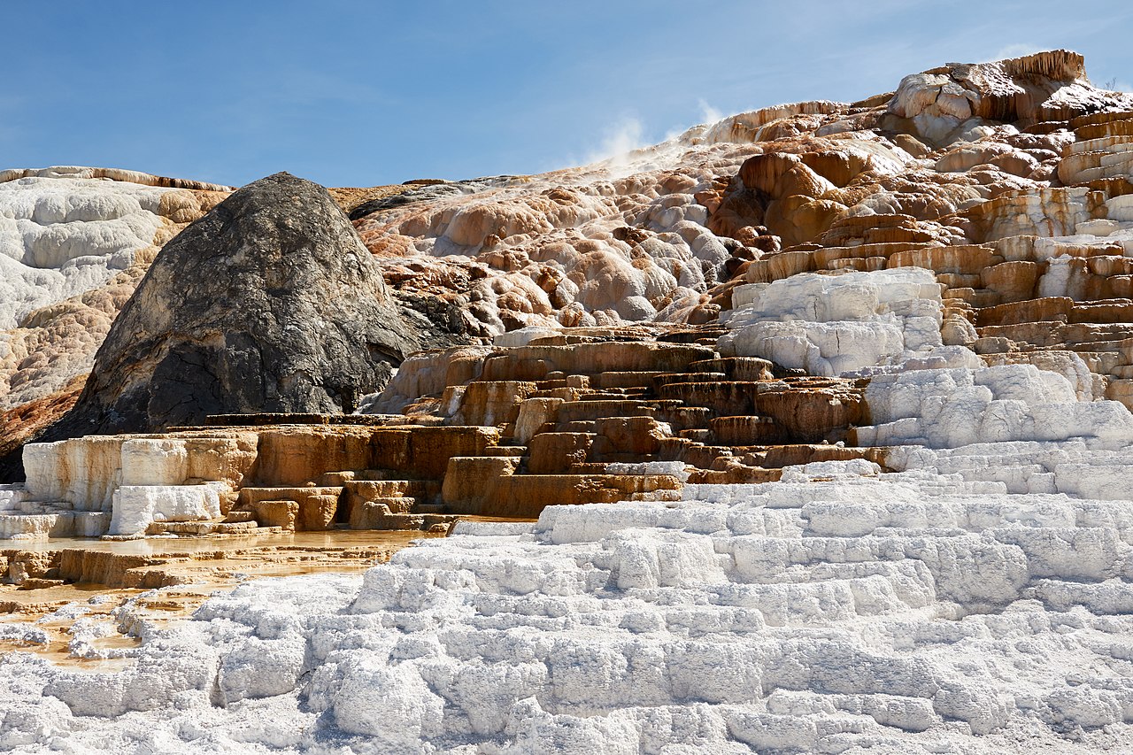 Travertine terraces in Mammoth Hot Springs, Yellowstone National Park, Wyoming, United States